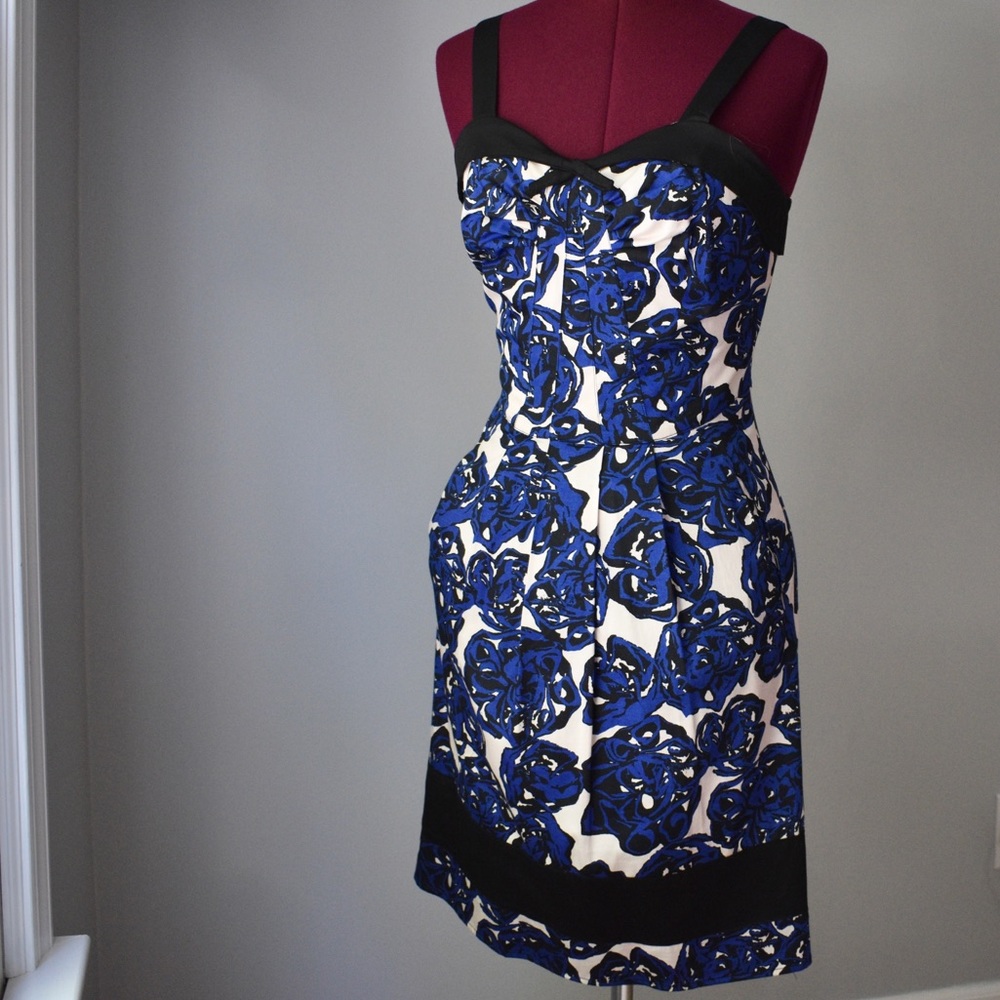 Richard Chai Rose Print Midi Dress Blue Pink Sz 3
